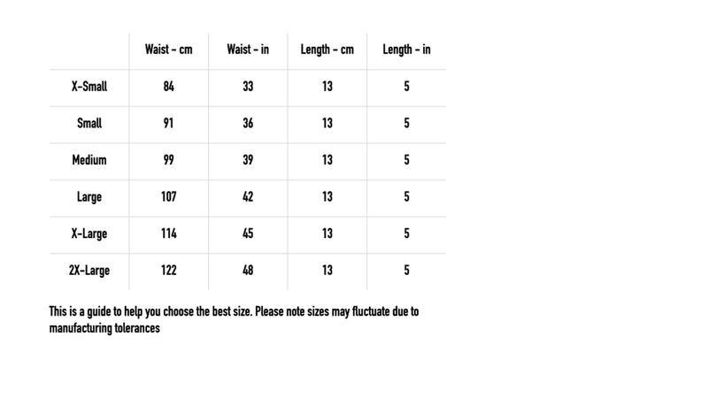 Size chart for Dogma Booty Shorts - Black/White